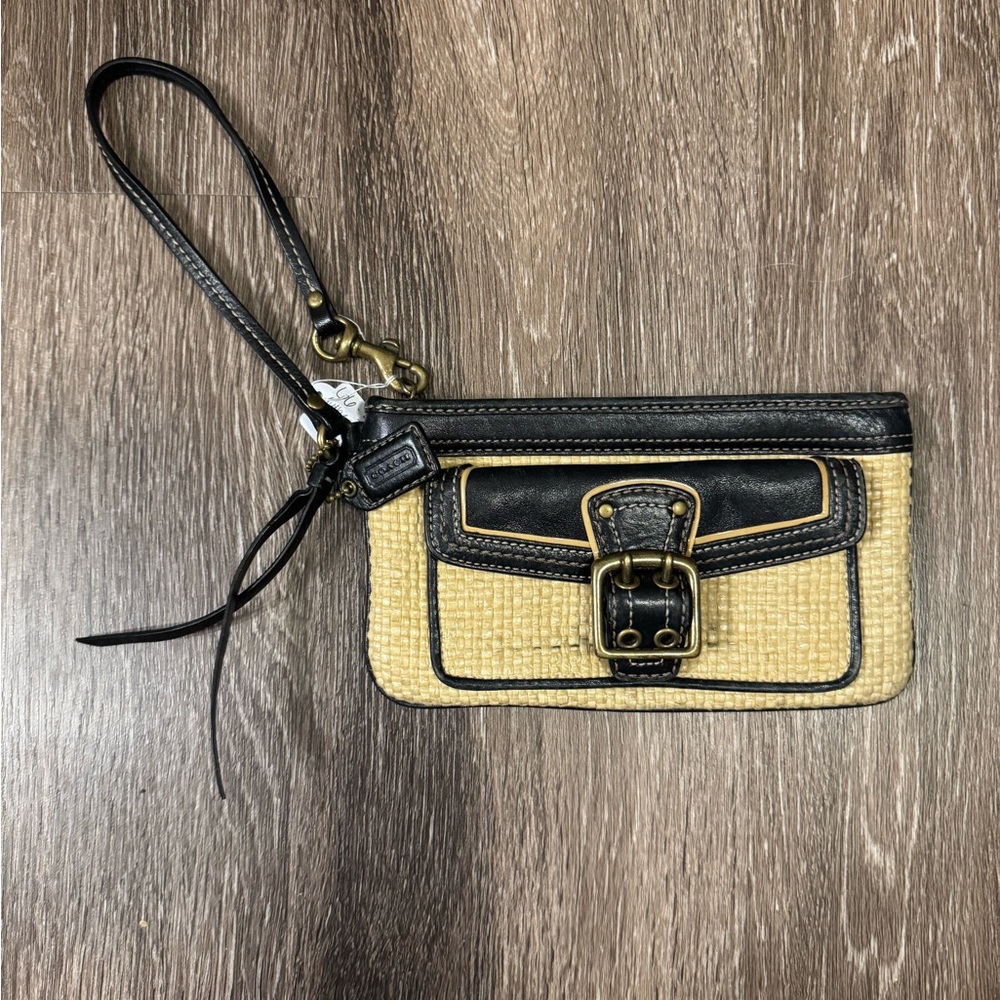 Coach Black Leather and Straw Woven Buckle Wristlet
